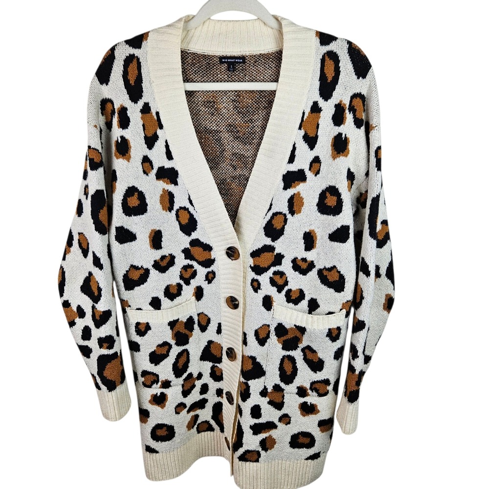 Who What Wear Cardigan Womens Small Leopard Print Button Front Knit‎ Sweater
